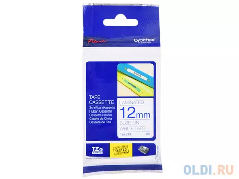 Плёнка для наклеек Brother TZE-233 синий шрифт на белой основе 12ммx8м