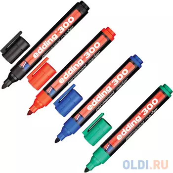 Маркеры перманентные EDDING 300, набор 4 шт., круглый наконечник 1,5-3 мм, черный, синий, красный, зеленый, E-300/4S