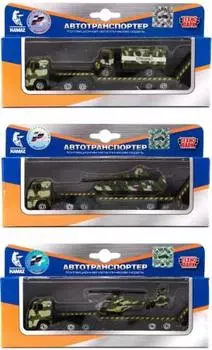 МАШИНА "ТЕХНОПАРК" МЕТАЛЛ. КАМАЗ ТРАНСПОРТЕР С ДОП. МАШИНКОЙ 7,5СМ В РУСС. КОР. в кор.2*72шт