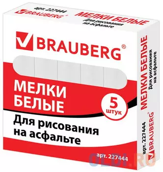 Мел белый BRAUBERG, набор 5 шт., для рисования на асфальте, квадратный, 227444