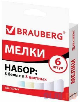 Мел BRAUBERG, набор 6 шт. (3 белых и 3 цветных), квадратный, 227442