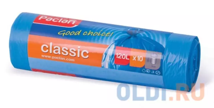 Мешки для мусора 120 л, синие, в рулоне 10 шт., ПНД, 20 мкм, 110х70 см, PACLAN "Classic"