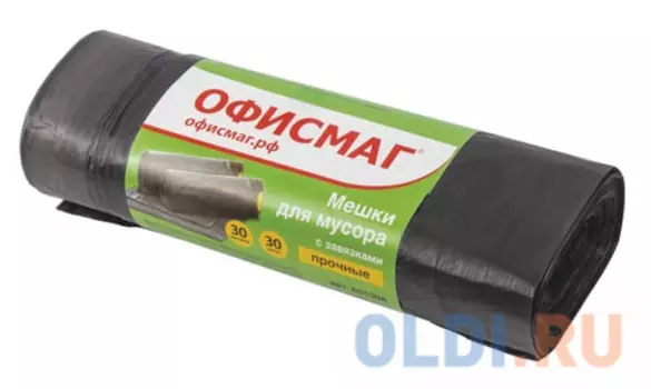 Мешки для мусора 30 л, завязки, черные, в рулоне 30 шт., ПНД, 10 мкм, 45х57 см (±5%), прочные, ОФИСМАГ, 601396
