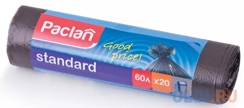 Мешки для мусора 60 л, черные, в рулоне 20 шт., ПНД, 7,4 мкм, 60х72 см, PACLAN "Standard"