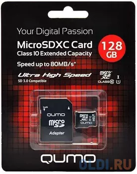 Micro SecureDigital 128Gb QUMO QM128GMICSDXC10U3 {MicroSDXC Class 10 UHS-I, SD adapter}