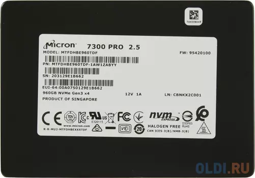 MICRON 7300 PRO 960GB Enterprise SSD, U.2, PCIe Gen3 x4, Read/Write: 2400 / 700 MB/s, Random Read/Wr
