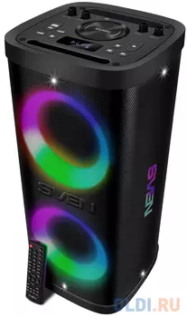 Мобильные колонки SVEN PS-930 2.0 чёрные (2x75 W, mini Jack, 2 х 6.35 мм Jack, USB, Bluetooth, FM, micro SD, ПДУ, 7200 мA, LED подсветка)