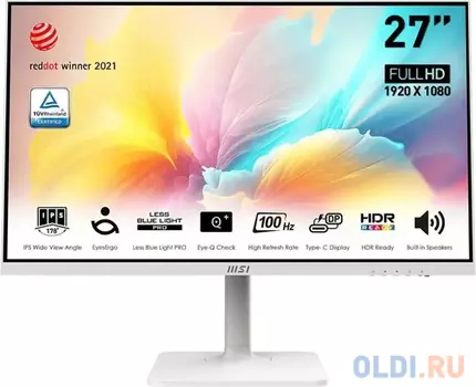 Монитор 27 MSI Modern MD2712PW White (IPS, 1920x1080, HDMI+Type C, 1 ms, 178°/178°, 300 cd/m, 1000:1 (100M:1), 100Hz)