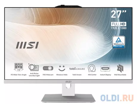 Моноблок MSI Modern AM272P 12M-238XRU 27" Full HD i5 1240P (1.7) 16Gb SSD512Gb noOS GbitEth WiFi BT 120W клавиатура мышь Cam белый 1920x1080