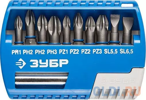 Набор бит ЗУБР ЭКСПЕРТ 26050-H11 с маг.адаптером Cr-Mo PH1/PH2/PH3/PZ1/PZ2/PZ3/SL55/SL65 11шт