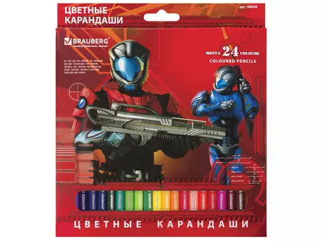 Набор цветных карандашей BRAUBERG "Star Patrol", 24 цвета, заточенные, картонная упаковка