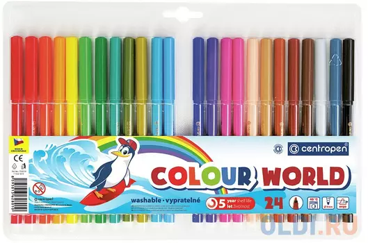 Набор фломастеров, (24 цв. в уп), смываемые, трехгранный уп., круглый корп., 1 дизайн, CENTROPEN, COLOUR WORLD, ПВХ пенал с е/п