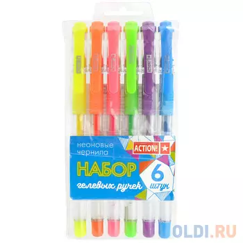 Набор гелевых ручек с резин. упором ACTION!, 6 цветов, неоновые чернила, ПВХ пенал