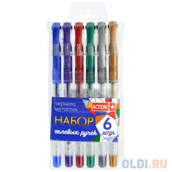 Набор гелевых ручек с резин. упором ACTION!,6 цветов,чернила металлик, ПВХ пенал
