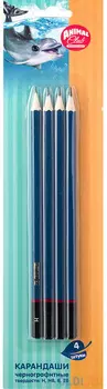 Набор карандашей ч/г, H, HB, B, 2B (Т, ТМ, М, 2М), дерево, заточ., шестигранный, синий с черным, без ластика, ACTION!, ANIMAL CLUB, (4 шт в уп), блистер с е/п
