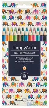 Набор карандашей цветных, (12 цв. в уп), дерево, заточ., трехгранный, ассорти, без ластика, BRUNO VISCONTI, HAPPYCOLOR, металл. тубус