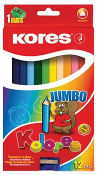 Набор карандашей цветных с точилкой, (12 цв. в уп), утолщ. корп., дерево, заточ., трехгранный, ассорти, без ластика, KORES, картон. короб. с е/п