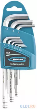 Набор ключей GROSS 16403 имбусовых hex 1.5–10мм s2 9шт удлиненные с шаром сатинированные