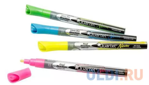 Набор маркеров для белой доски, 1-4 мм, (неон желтый, неон зеленый, неон розовый, неон синий), клиновидный нак., NOBO, QUARTET, (4 шт в уп)