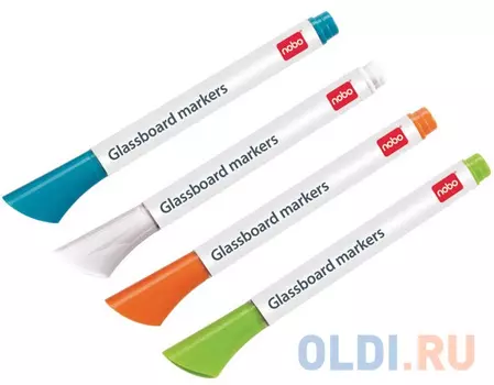 Набор маркеров для белой доски, 3 мм, (белый, зеленый, оранжевый, синий), клиновидный нак., NOBO, (4 шт в уп)