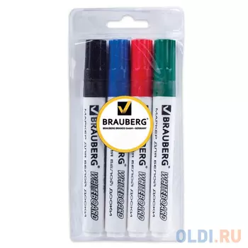 Набор маркеров для доски BRAUBERG 150417 5 мм 4 шт синий зеленый черный красный