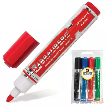 Набор маркеров для доски BRAUBERG 150491 5 мм 4 шт синий зеленый черный красный