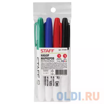 Набор маркеров для доски STAFF 151097 2.5 мм 4 шт черный синий красный зеленый