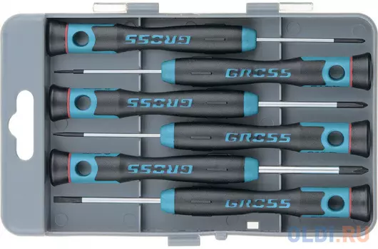 Набор отверток GROSS 13347 для точной механики crmo двухкомпонентные рукоятки 6шт. пласт. бокс