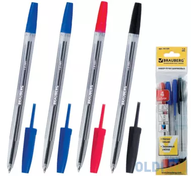 Набор шариковых ручек BRAUBERG Line 4 шт синий красный черный 0.5 мм