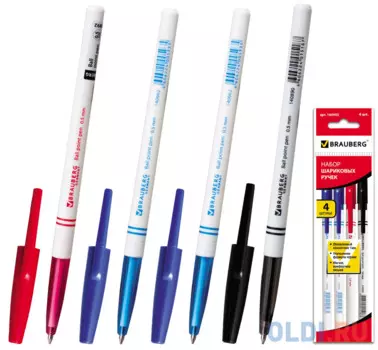 Набор шариковых ручек BRAUBERG "Офисная" 4 шт синий черный красный 0.5 мм