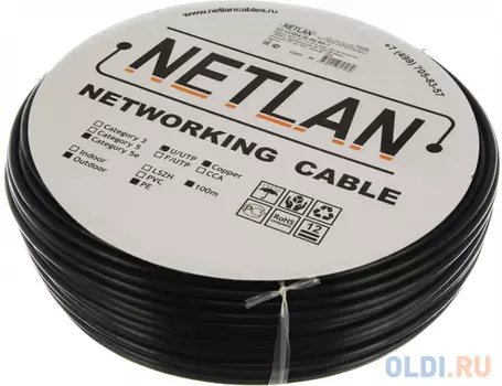 NETLAN Кабель U/UTP 4 пары, Кат.5e, внешний, PE до -40C, черный, 100м EC-UU004-5E-PE-BK-1