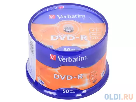 Диски DVD-R 4.7Gb Verbatim 16х 50 шт Cake Box 