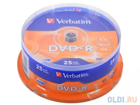 Диски DVD-R 4.7Gb Verbatim 16х 25 шт Cake Box 