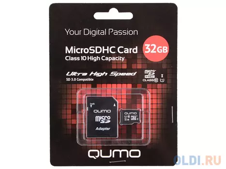 Карта памяти Micro SDHC 32Gb class 10 QUMO QM32GMICSDHC10U1 + SD adapter