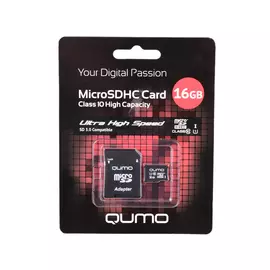 Карта памяти Micro SDHC 16Gb class 10 UHS-I QUMO QM16GMICSDHC10U1 + SD adapter