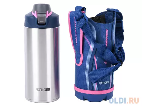 Термос спортивный Tiger MME-C100 Navy 1,0 л, цвет синий (для холодных напитков, нержавеющая сталь, ширина горловины 7см, чехол с регулируемым наплечным ремнем в комплекте)