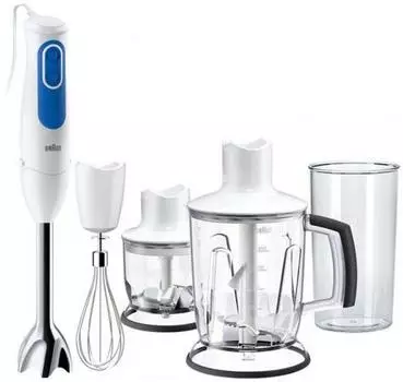 Блендер погружной Braun MQ 3045 Aperitive, 700Вт, 2 скорости, турбо, колка льда, измельчитель, мерный стакан, мельничка, венчик, белый