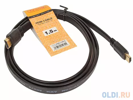 Кабель HDMI 19M/M 1.4V 1.5m, плоский, черный, TV-COM