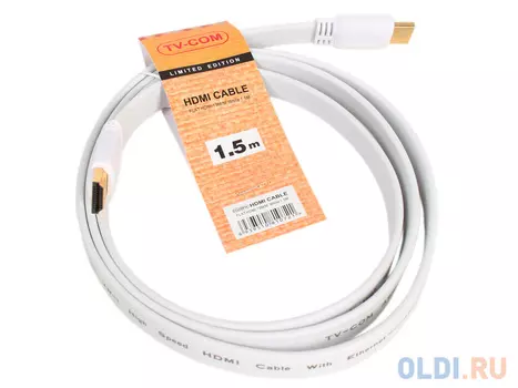 Кабель цифровой HDMI-HDMI 1.4V; 1,5m, плоский, белый, TV-COM