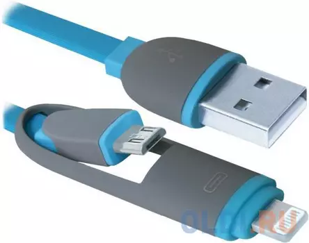 Кабель microUSB Lightning 1м Defender USB10-03BP плоский синий