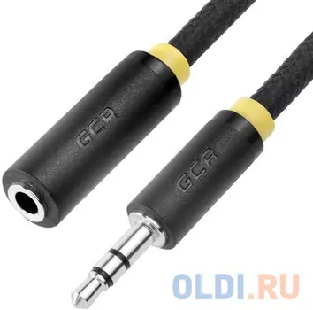 Greenconnect Удлинитель аудио 0.5m jack 3,5mm/jack 3,5m нейлон, черный, желтая окантовка, ультрагибкий, 28 AWG, M/F, Premium GCR-STM8114-0.5m, экран,