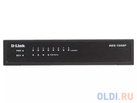 Коммутатор D-Link Switch DES-1008P/C1A Неуправляемый коммутатор с 8 портами 10/100Base-TX (4 порта с поддержкой PoE 802.3af (15,4 Вт), PoE-бюджет 52 В