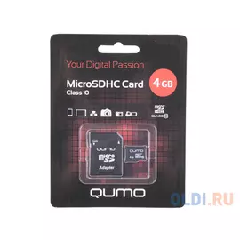 Карта памяти Micro SDHC 4Gb class 10 QUMO QM4GMICSDHC10 + SD adapter
