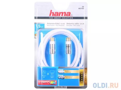 Кабель антенный Hama H-83190 коаксиальный штекер (m-f) 120дБ ферритовый фильтр 1.5м белый