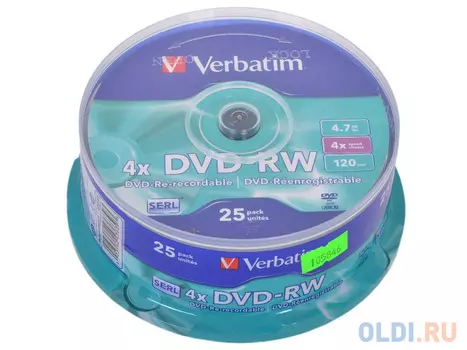 Диск DVD-RW 4.7Gb Verbatim 4x 25 шт Cake Box &lt;43639