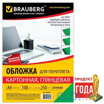 Обложки для переплета BRAUBERG, комплект 100 шт., глянцевые, А4, картон 250 г/м2, зеленые, 530954