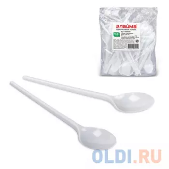 Одноразовые ложки чайные ЛАЙМА Бюджет, комплект 100 шт., пластиковые, 125 мм, белые, 600948