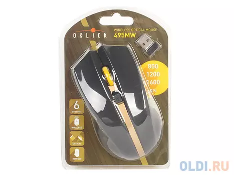 Мышь Oklick 495MW черный/золотистый оптическая (1600dpi) беспроводная USB (6but)