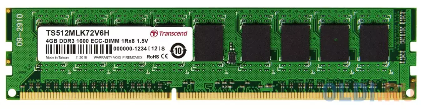 Оперативная память 4Gb (1x4Gb) PC-12800 1600MHz DDR3 DIMM ECC CL11 Transcend TS512MLK72V6H