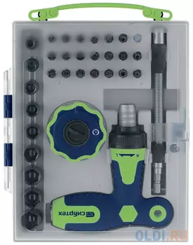 Отвертка Т-образная и трещотка, реверсивные, с набором бит, торцевых головок, 34 предм.,CrV// Сибрте